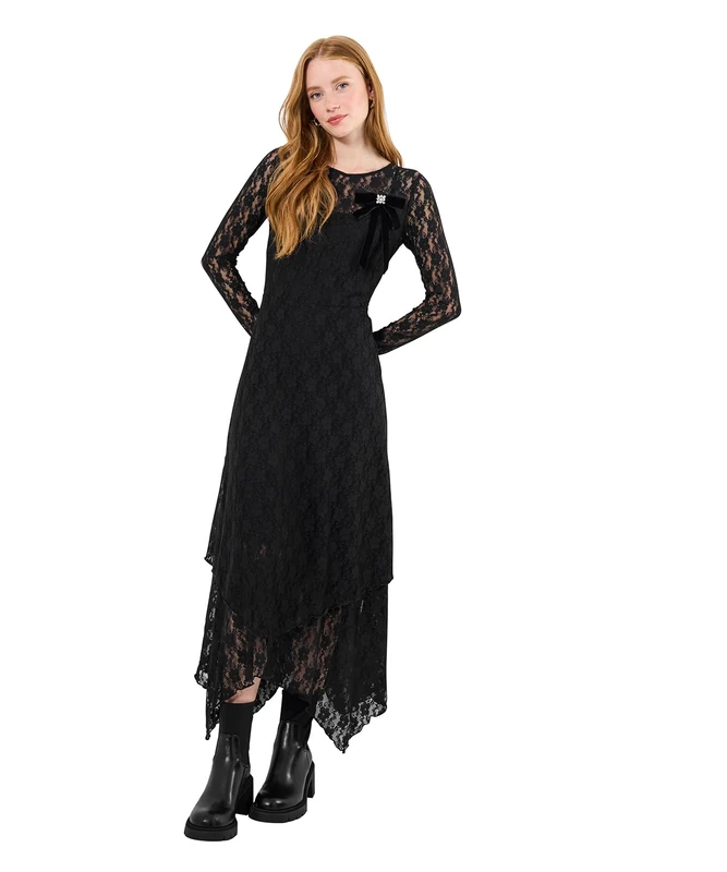 Joe Browns Women's Versatile Black Lace Dress with Brooch, Regular, Black, UK 10