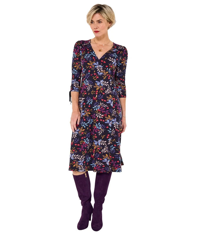 Joe Browns Women's Autumnal Leaves Ruched Tie Sleeve Floral Wrap Dress, Regular, Navy, UK 12 - Image 1