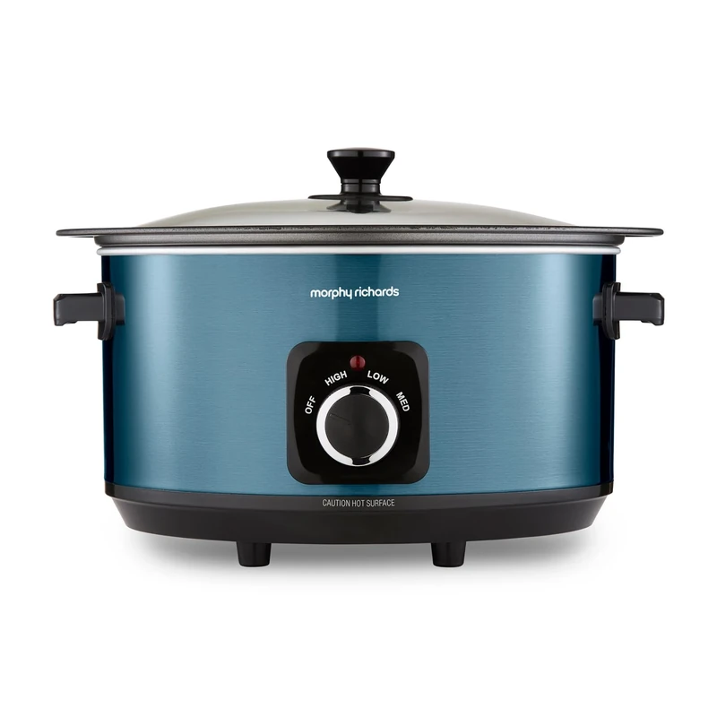 Morphy Richards Accents 6.5L Sear & Stew Slow Cooker, Shatter Resistant Non Stick Aluminium Pot, Single Pot Cooking, 3 Heat Settings, Hob Proof, Glass Lid, Easy Clean & View, Blue, 461023