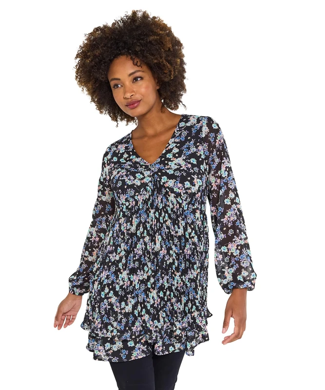 Joe Browns Women's Floral Tiered Skirt Pleated Mini Dress Tunic Shirt, Black, 12