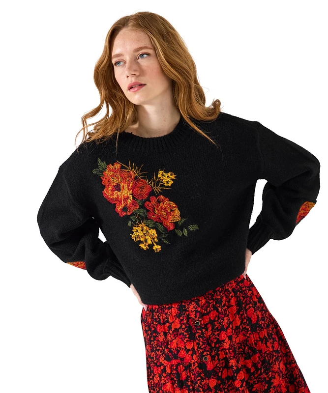 Joe Browns Women's Floral Embroidered Jumper with Oversized Sleeves Sweater, Black, 8