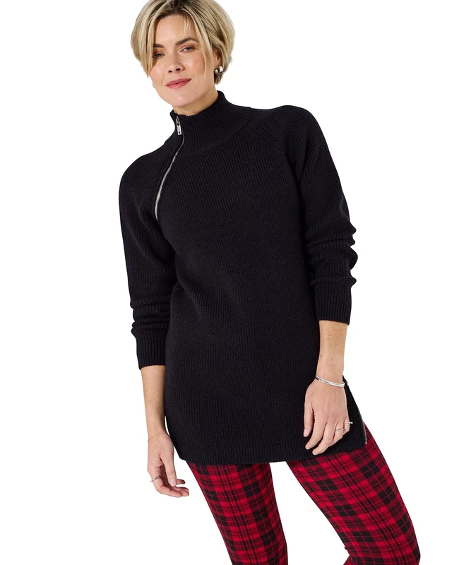 Joe Browns Women's Black Longline Zip Detail Jumper, Regular, Black, UK 14