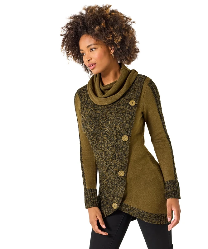 Joe Browns Womens V Shaped Hem Two Tone Marl Funnel Neck Jumper Sweater, Khaki, 18 UK