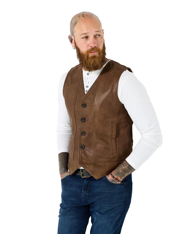 Joe Browns Mens Premium Button-up Leather Waistcoat, Brown, XL UK
