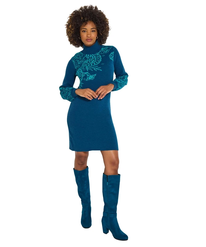 Joe Browns Womens Paisley Knitted Mini Dress Pullover Sweater, Teal, 10 UK