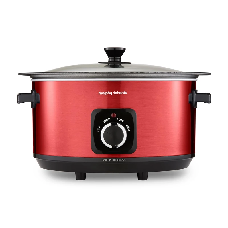 Morphy Richards Accents 6.5L Sear & Stew Slow Cooker, Shatter Resistant Non Stick Aluminium Pot, Single Pot Cooking, 3 Heat Settings, Hob Proof, Glass Lid, Easy Clean & View, Red, 461026