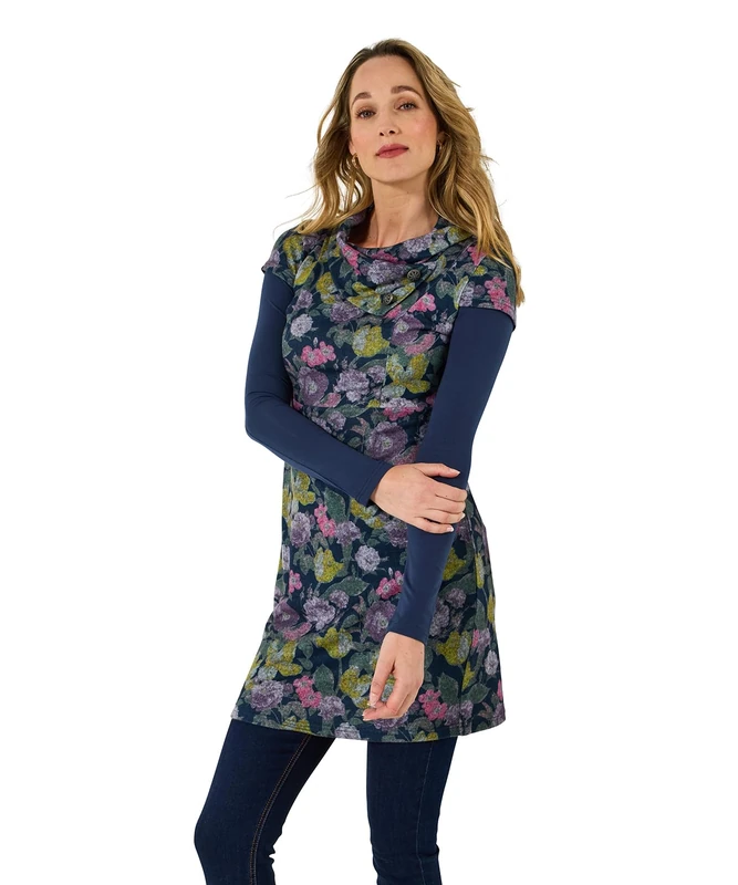 Joe Browns Women's Floral Print Stretch Jacquard Roll-Neck Layered Tunic Top Shirt, Blue, 14
