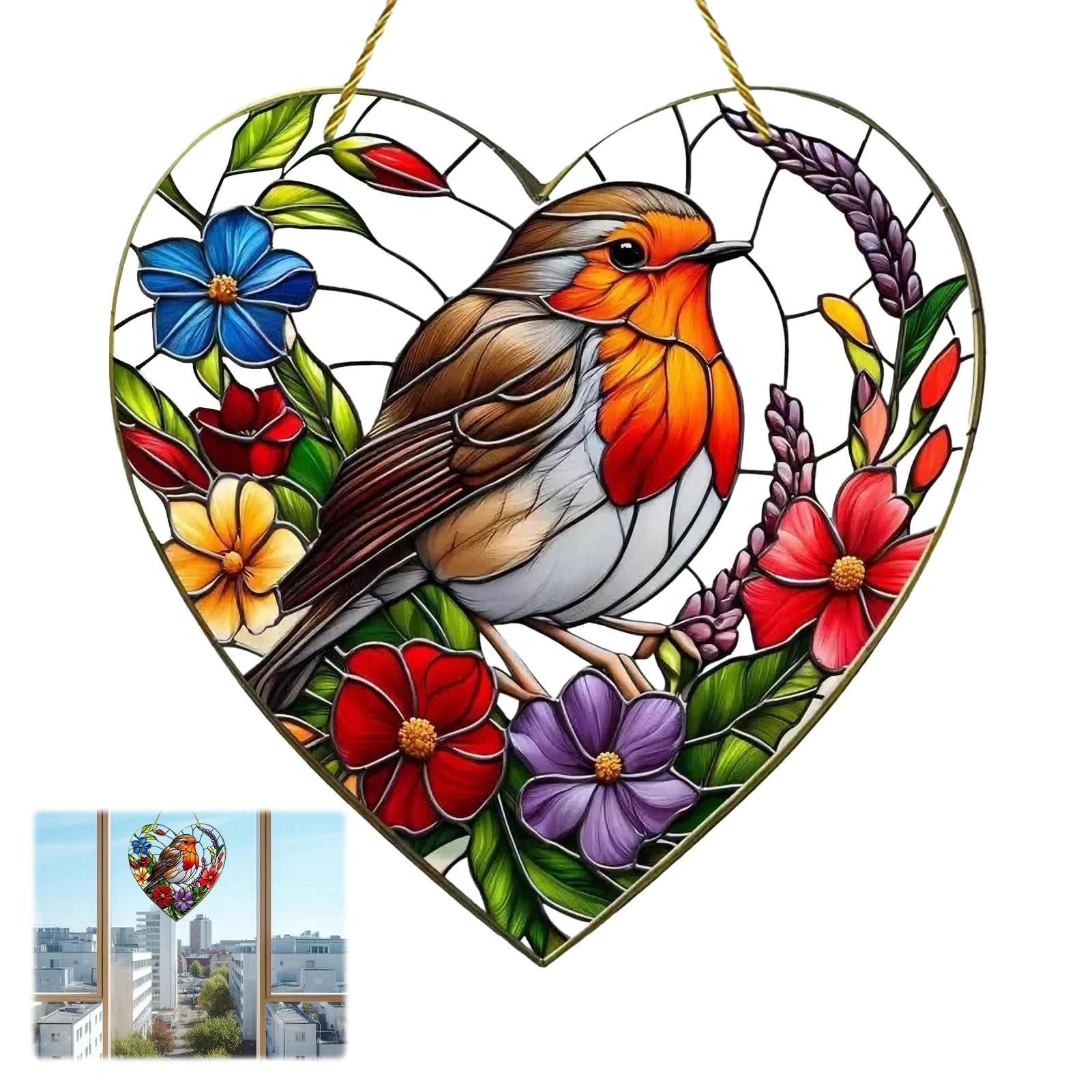 Sun Catchers For Windows, 20 * 20 CM Large Heart-Shaped Suncatchers For Windows Robin, Sun Catcher, Robin Suncatchers Stained Glass, Acrylic Window Hanging for Home Garden Gift Decor
