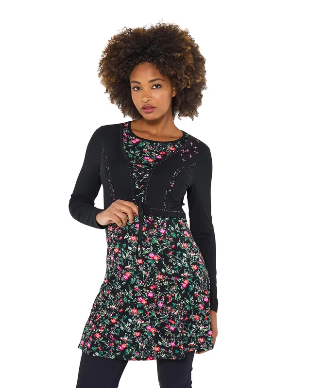 Joe Browns Women's Floral Mock Cardigan Layered Jersey Tunic Top, Regular, Black, UK 16