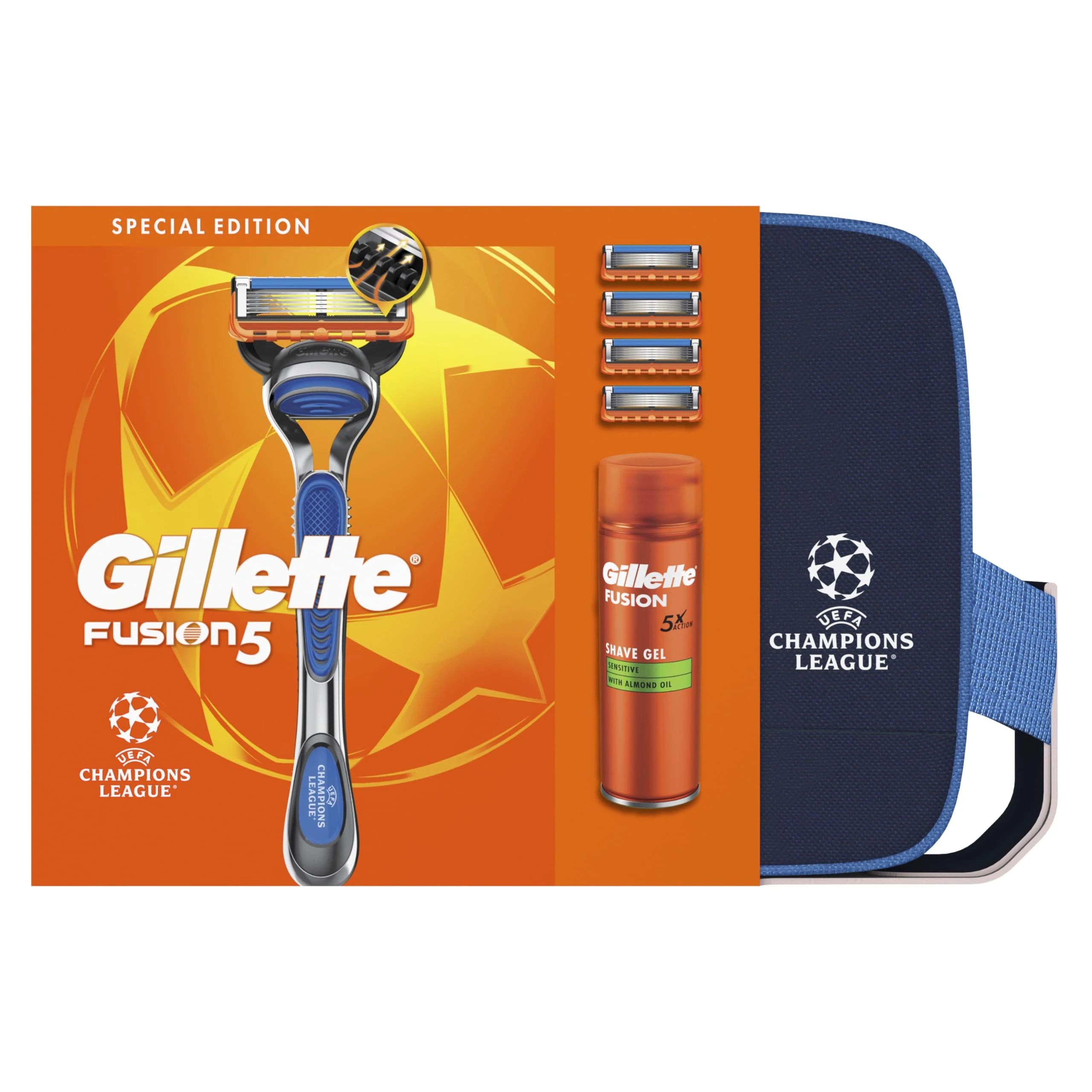 Gillette Fusion5 UCL Razor For Men, 1 Gillette Razor, 3 Replacement blades, Sensitive Shave Gel 200ml, UCL Washbag
