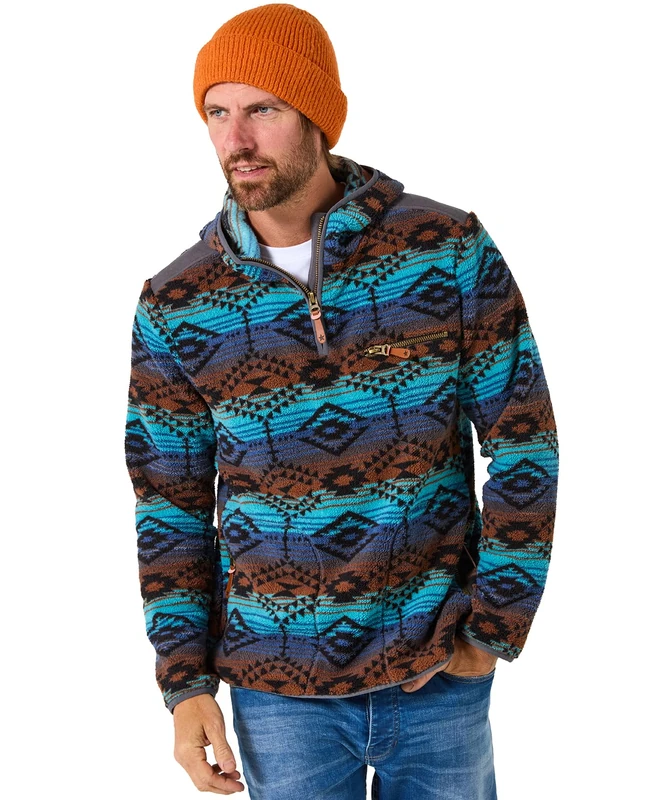 Joe Browns Male Full Zip Aztec Print Fleece Hoodie, Regular, Blue, UK L