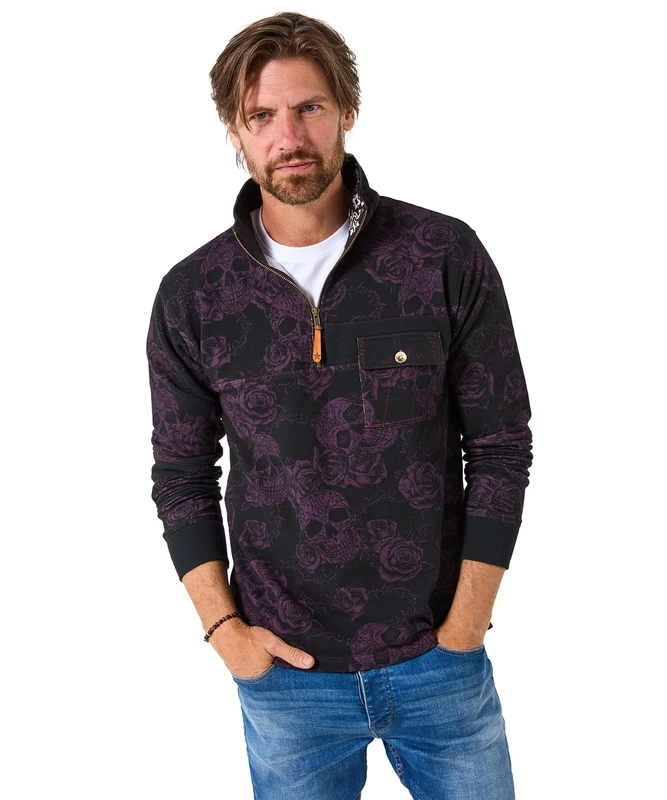 Joe Browns Men's Skull Print Funnel Neck Top Henley Shirt, Purple, XXL - Image 1
