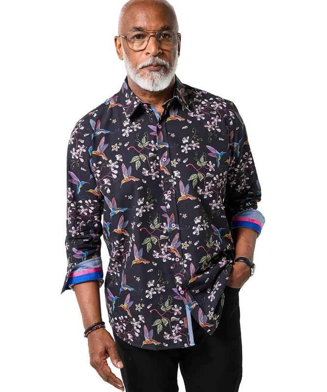 Joe Browns Male Floral Bird Print Long Sleeve Shirt, Regular, Black, UK L