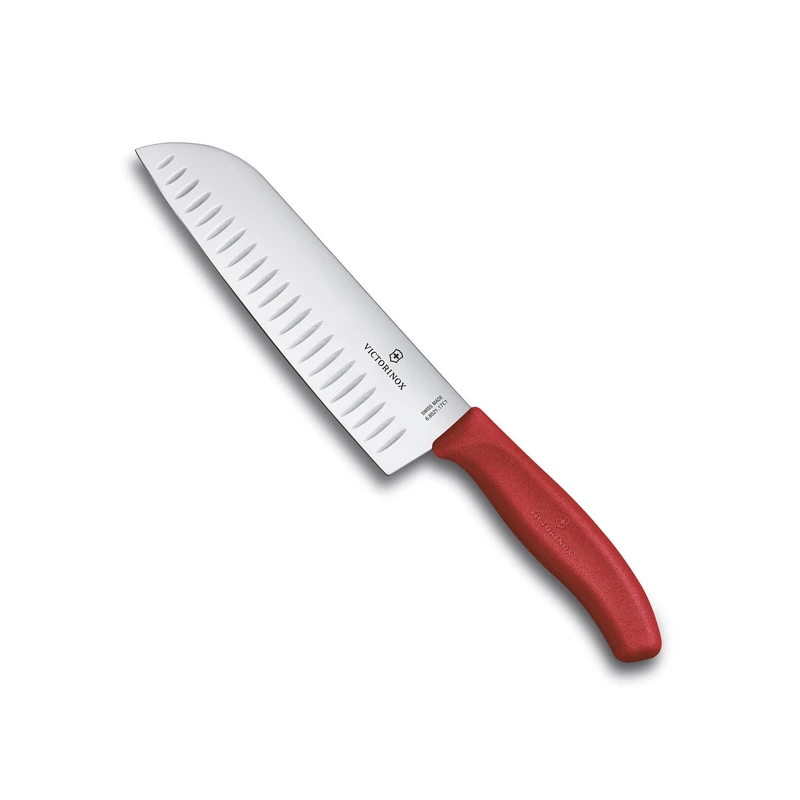 Victorinox Swiss Classic Santoku Knife, Asian-Style Knife, Extra-Sharp Blade, Bevelled Edge, 17 cm, Stainless Steel, Blister, Red
