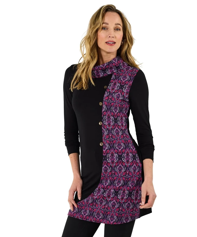 Joe Browns Women's Button Detail Floral Jacquard Cowl-Neck Tunic Top Shirt, Black, 16