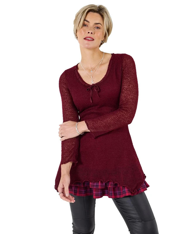 Joe Browns Women's Handkerchief Hem Flared Sleeve Tie Neck Tunic Top, Regular, Red, UK 12