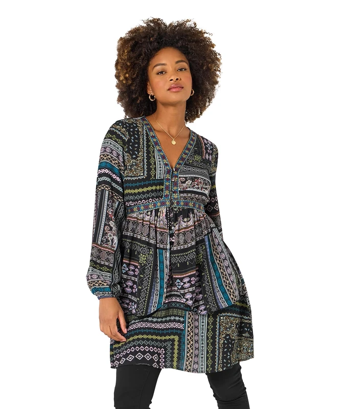 Joe Browns Women's Black Boho Tunic Dress, Regular, Black, UK 14
