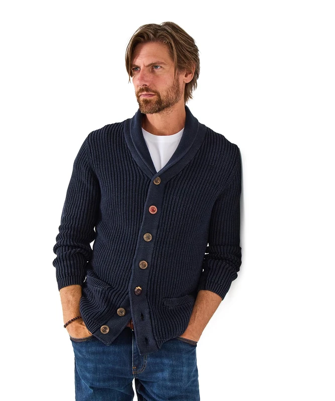 Joe Browns Men's Aztec Trim & Washed Look Shawl Neck Cardigan Sweater, Navy, M