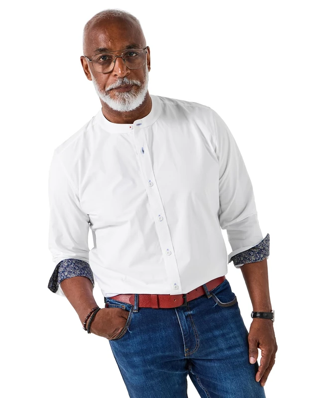 Joe Browns Male Contrast Printed Trim Grandad Collar Shirt, Regular, White, UK S