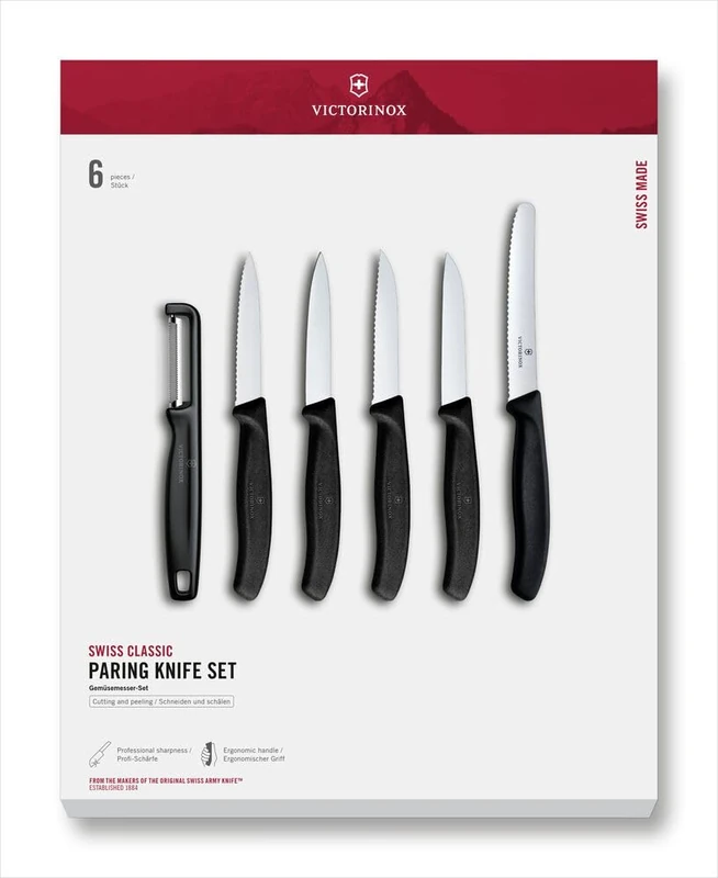 Victorinox Swiss Classic, Kitchen Knife Set, 6-Piece, Vegetable, Tomato and Breakfast Knives and Peeler, Durable Plastic Handle, Stainless Steel, Black