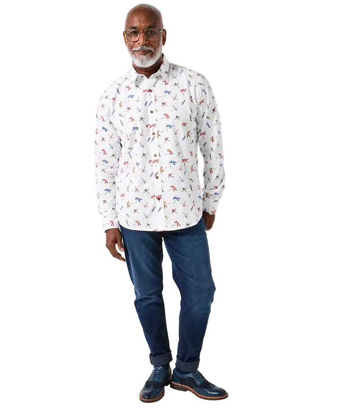 Joe Browns Men's Dragonfly Print Long Sleeve Shirt, White, S