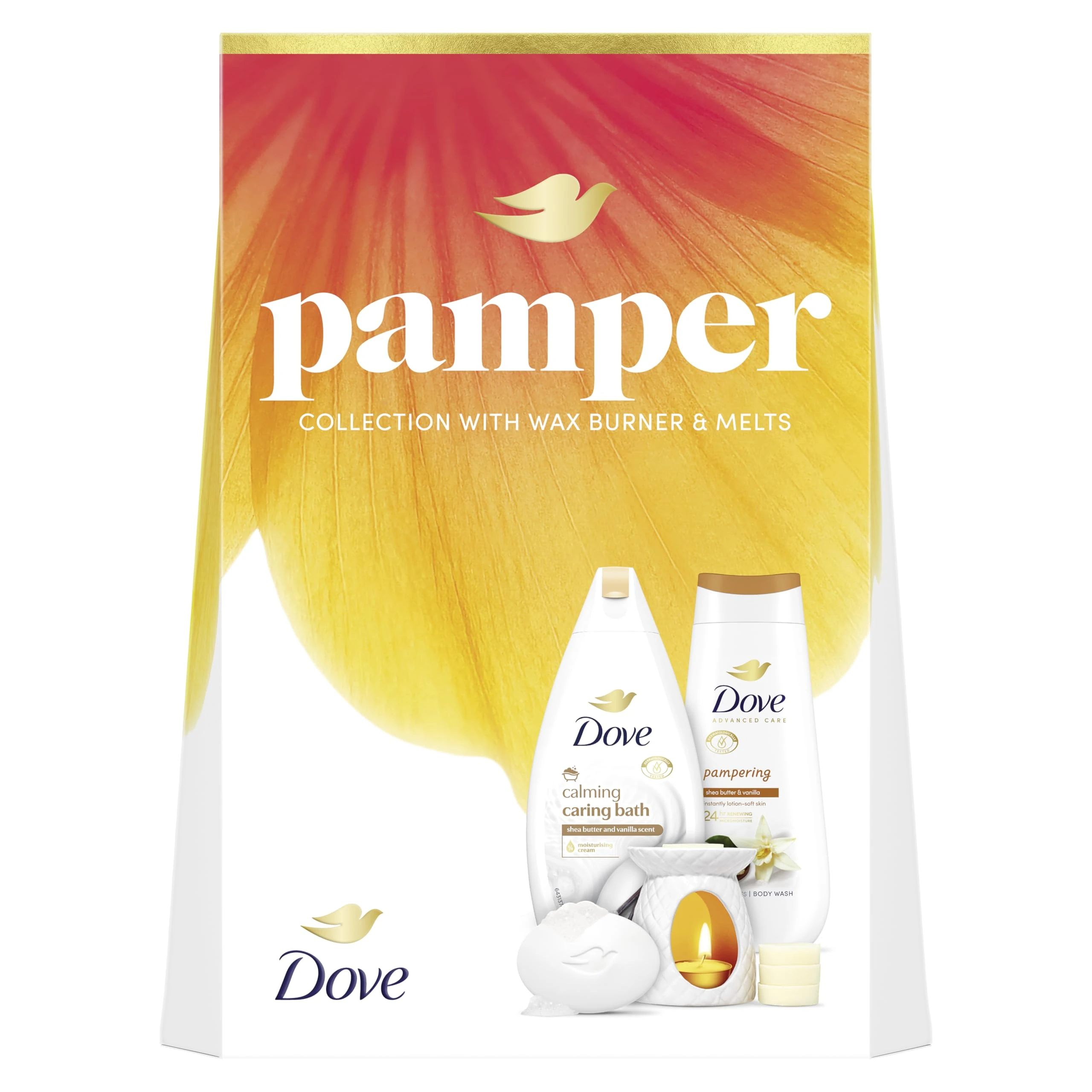 Dove Pamper Collection Gift Set with a body wash, bath soak, beauty bar, Wax Burner & Melts perfect gifts for her 3 piece