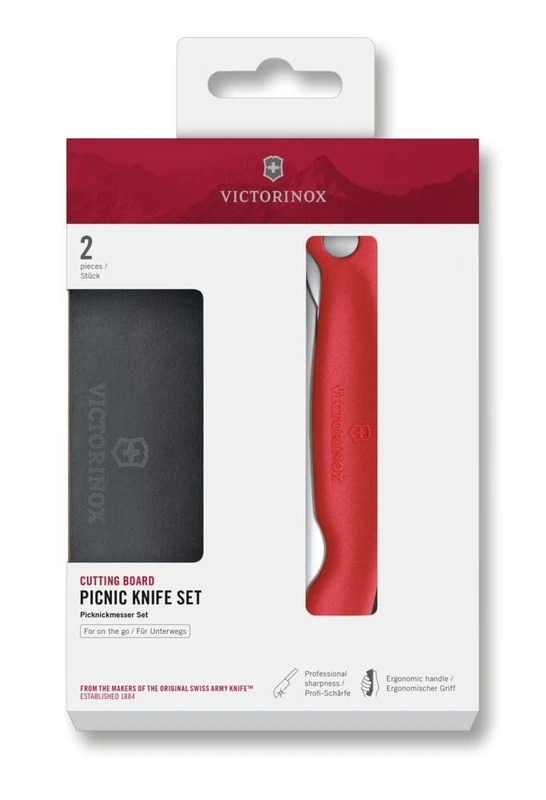Victorinox Swiss Classic Foldable Picnic Knife and Cutting Board, for Fruit, Vegetables, Bread Rolls, Serrated Edge, Extra Sharp, Red