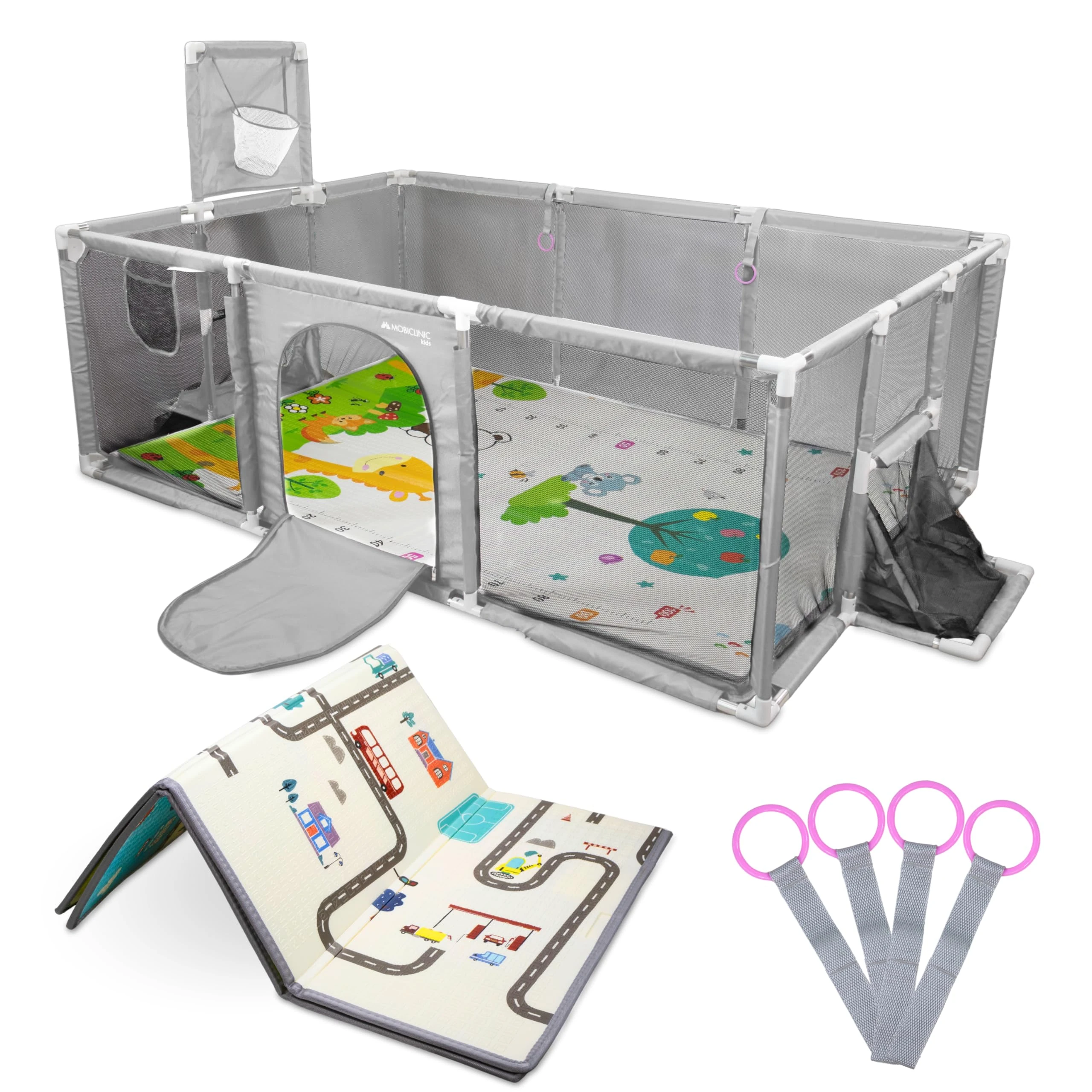 Mobiclinic®, Baby Playpen, Reversible Play Mat, Foldable, 120x180 cm, Basket and Soccer Net, 4 Handles, Breathable Mesh, Carry Bag, Kidland (Grey)