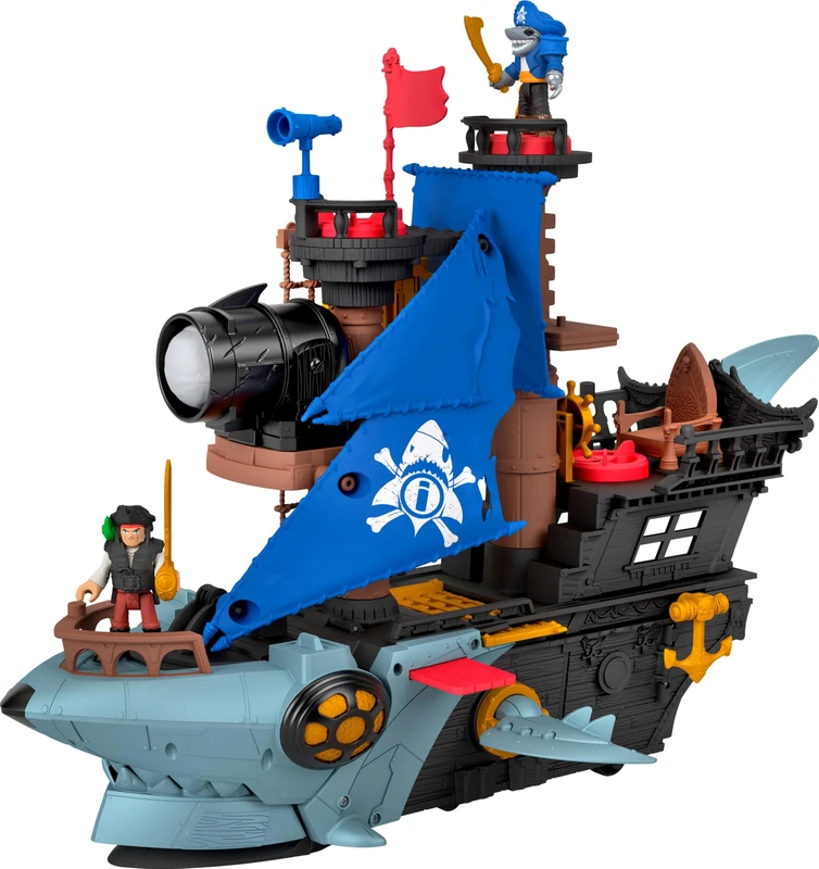 Fisher-Price Imaginext Shark Bite Pirate Ship Playset with 2 Action Figures & Toy Boat with Biting Jaws and Launcher, 12 Accessories, JLC50