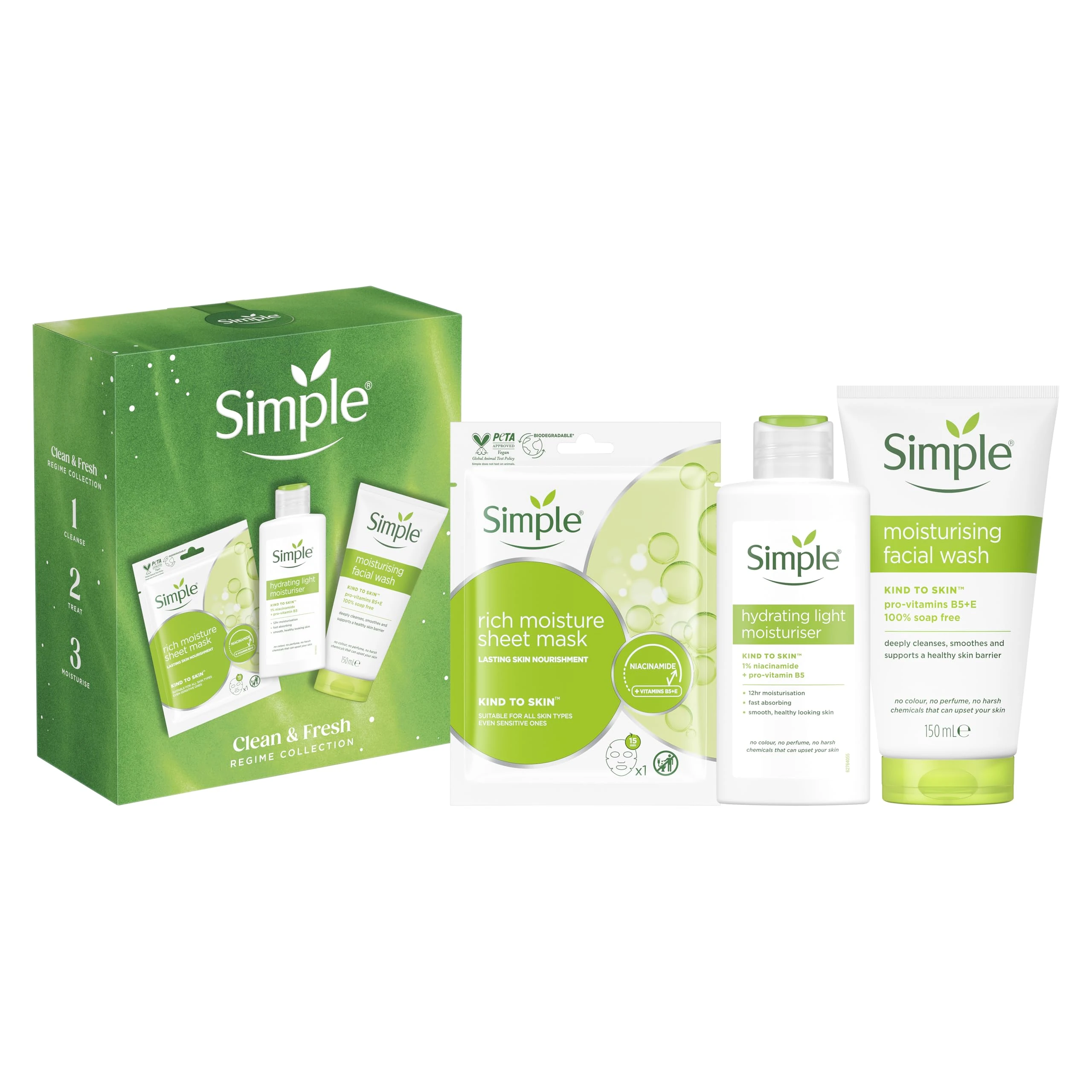Simple Clean & Fresh Regime Collection Gift Set with a facial wash, a sheet mask, and a moisturiser perfect for any occasion 3 piece