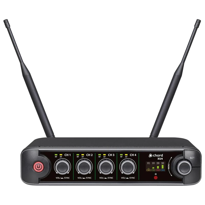 Chord XU-4BP Wireless Microphone System – 4 Bodypacks with Lavalier & Neckband Mics, UHF 4-Channel Receiver – For Conferences, Performers & Instructors