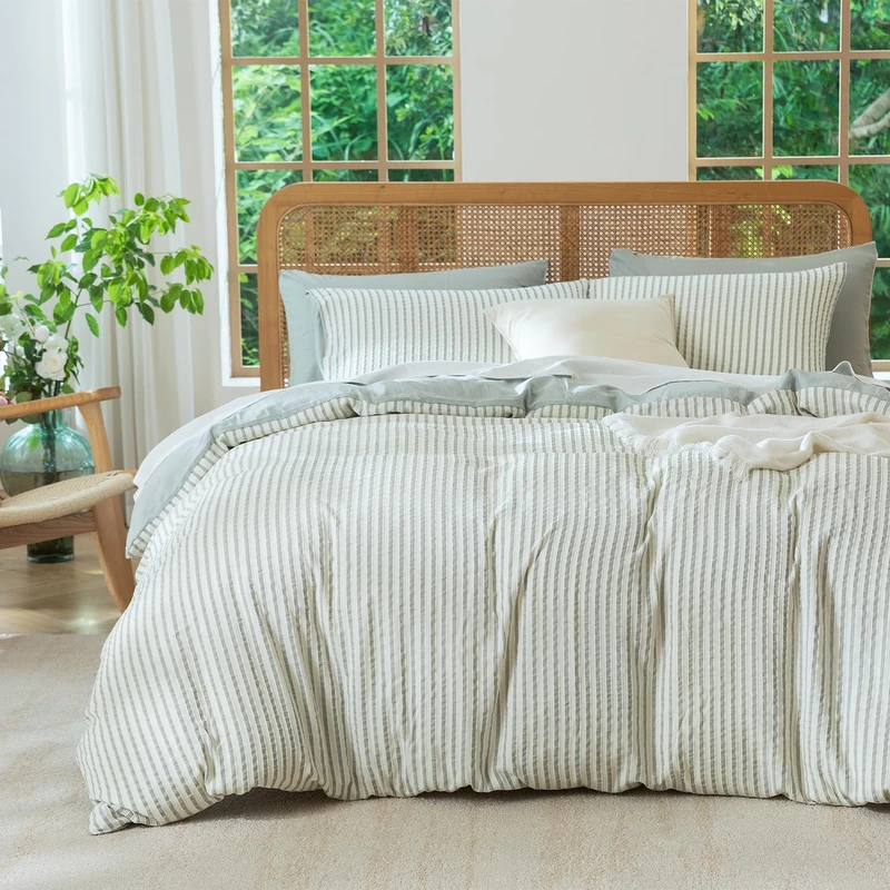 Sage Green Queen Size Comforter Set Striped 100% Soft Washed Microfiber Jacquard 3 Pieces Striped Bedding Sets Green White Comforter Queen for All Seasons and 2 Pillowcases Comfort Breathable