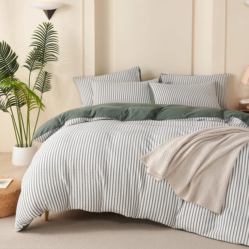 Green King Comforter Set Striped 100% Soft Washed Microfiber Jacquard 3 Pieces Striped Bedding Sets Green White Comforter for All Seasons and 2 Pillowcases Comfort Breathable