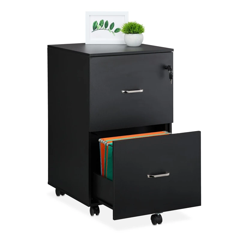 Relaxdays Mobile Filing Cabinet, 2 Drawers with Suspension Files, 72 x 43 x 46 cm, Lockable, Office Furniture, Black