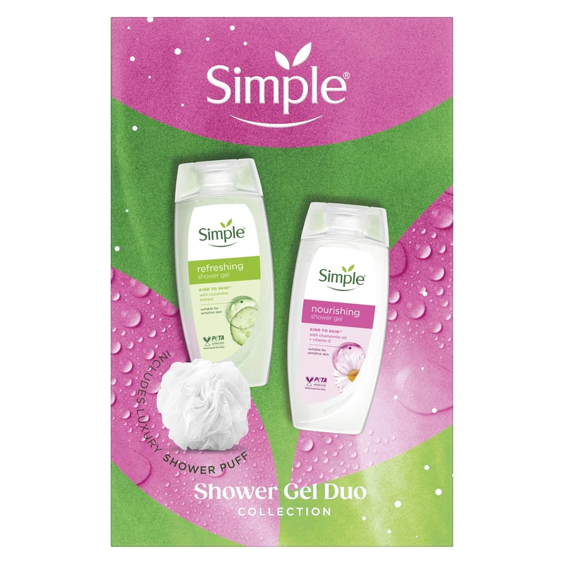 Simple Shower Gel Duo Collection Gift Set with two shower gels and a luxury shower puff perfect gifts for her 2 piece