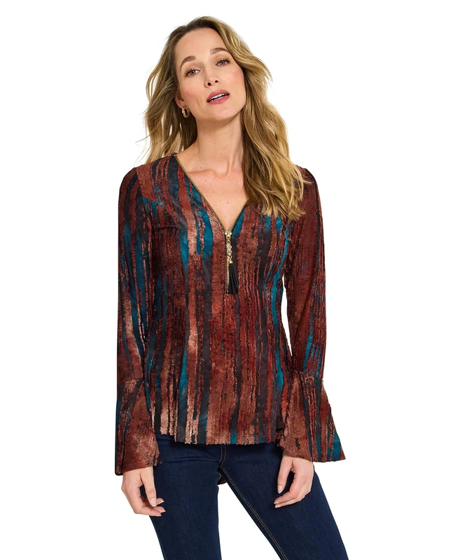 Joe Browns Women's Contrast Lace Overlay Fluted Sleeve Zip Front Top, Regular, Brown, UK 8