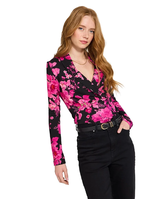 Joe Browns Women's Autumnal Floral Shawl Collar Wrap Front Jersey Top Blouse, Pink, 10
