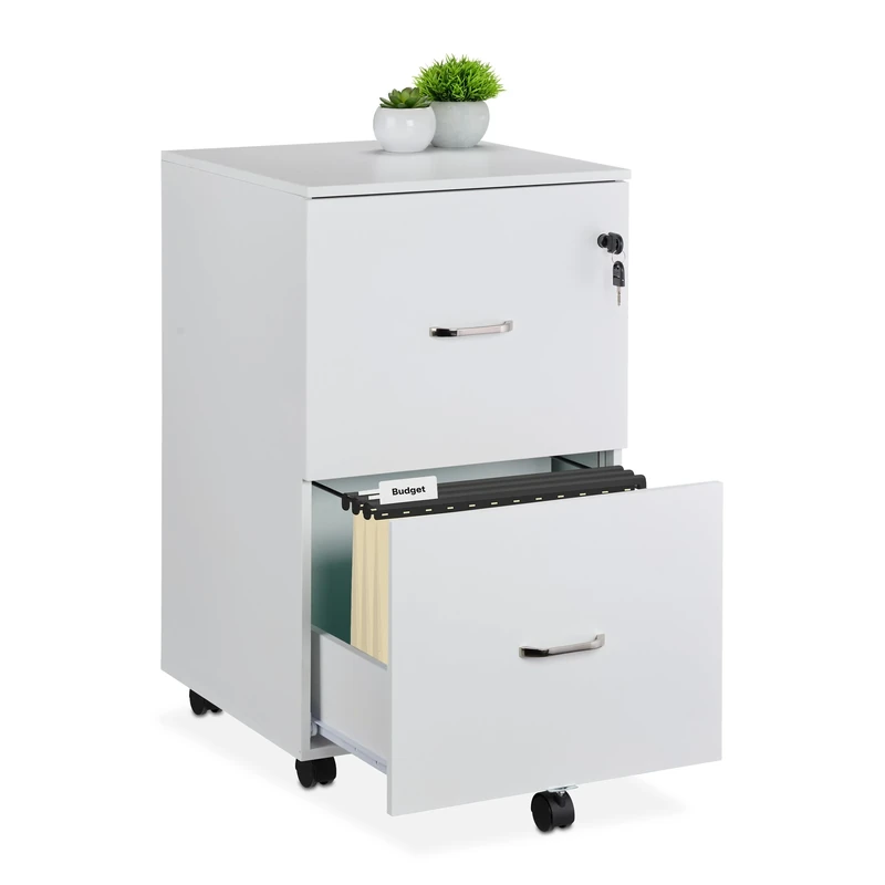 Relaxdays Mobile Filing Cabinet, 2 Drawers with Suspension Files, 72 x 43 x 46 cm, Lockable, Office Furniture, White