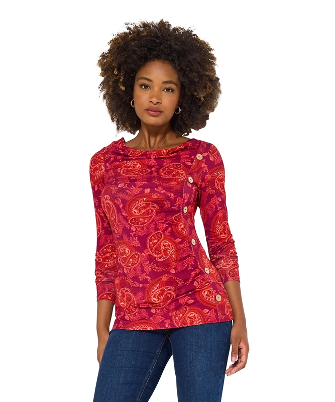 Joe Browns Women's Paisley Print Button Detail Long Sleeve Top Blouse, Orange, 14