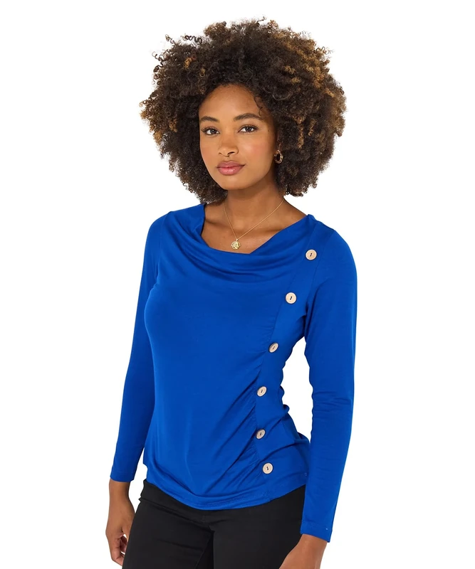 Joe Browns Women's Button Detailed Solid Blue Long Sleeve Top, Regular, Blue, UK 12