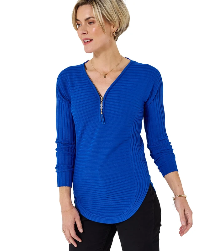 Joe Browns Women's Ribbed Texture Jersey Zip Front Top Blouse, Cobalt, 18 - Image 1
