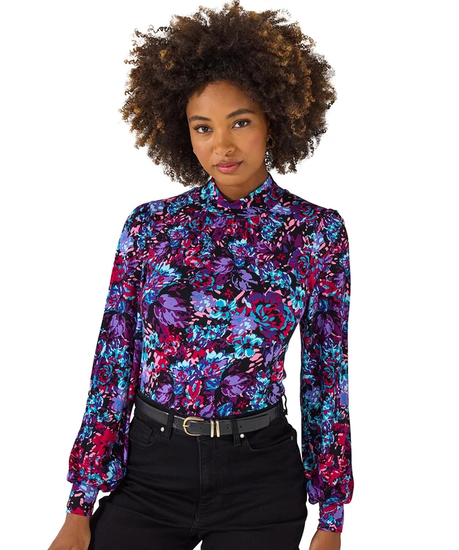 Joe Browns Women's Vibrant Floral Print High Neck Jersey Top Blouse, Purple, 12