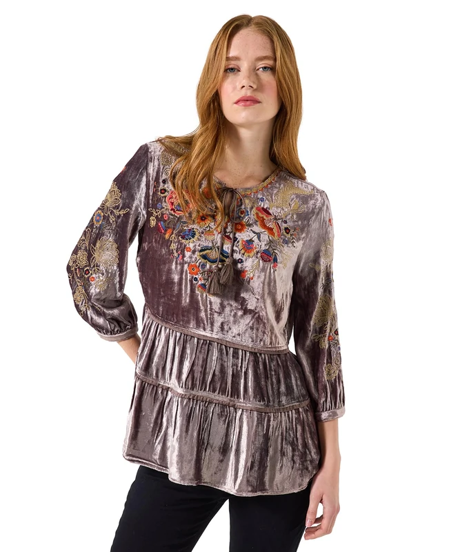 Joe Browns Women's Velvet Embroidered Top, Regular, Grey, UK 18