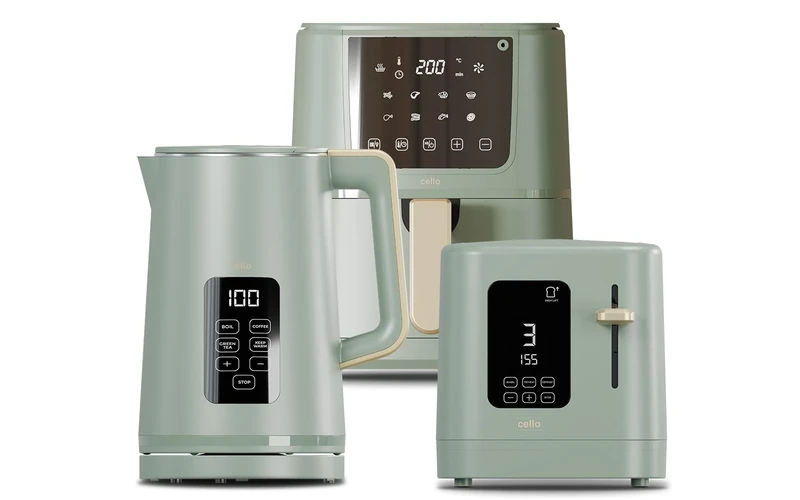 Cello Green Kitchen Bundle: 1.7L 3000W Kettle with Temperature Control & LED Display | 800W 2 Slice Toaster with Digital Timer & High Lift | 4L 1400W Air Fryer with 8 Presets & Touch Control