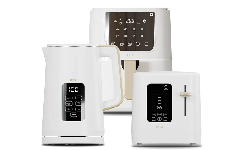 Cello White Kitchen Bundle: 1.7L 3000W Kettle with Temperature Control & LED Display | 800W 2 Slice Toaster with Digital Timer & High Lift | 4L 1400W Air Fryer with 8 Presets & Touch Control