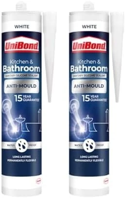UniBond Anti-Mould White, Waterproof Mould Protection, Long-lasting White Silicone Sealant for Kitchen & Bathroom, Powerful Bath Sealant, 1 x 274g Cartridge (Pack of 2)