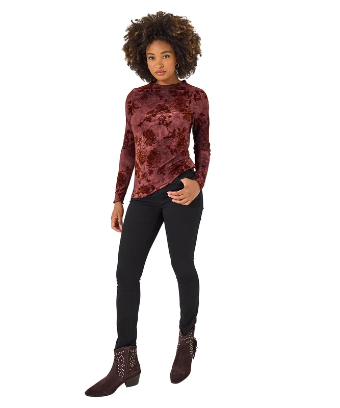 Joe Browns Women's Autumnal Flocked Floral Slim Fit Top Blouse, Berry, 18