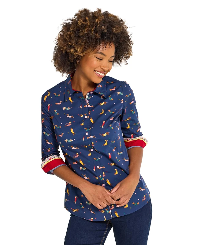 Joe Browns Women's Cotton Sausage Dog Shirt, Navy, UK 8