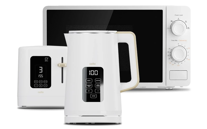 Cello White Uni Bundle: 1.7L 3000W Kettle with Temperature Control & LED Display | 800W Slice Toaster with Digital Timer & High Lift | 800W 20L Digital Microwave, 8 Cooking Functions & Quick Defrost