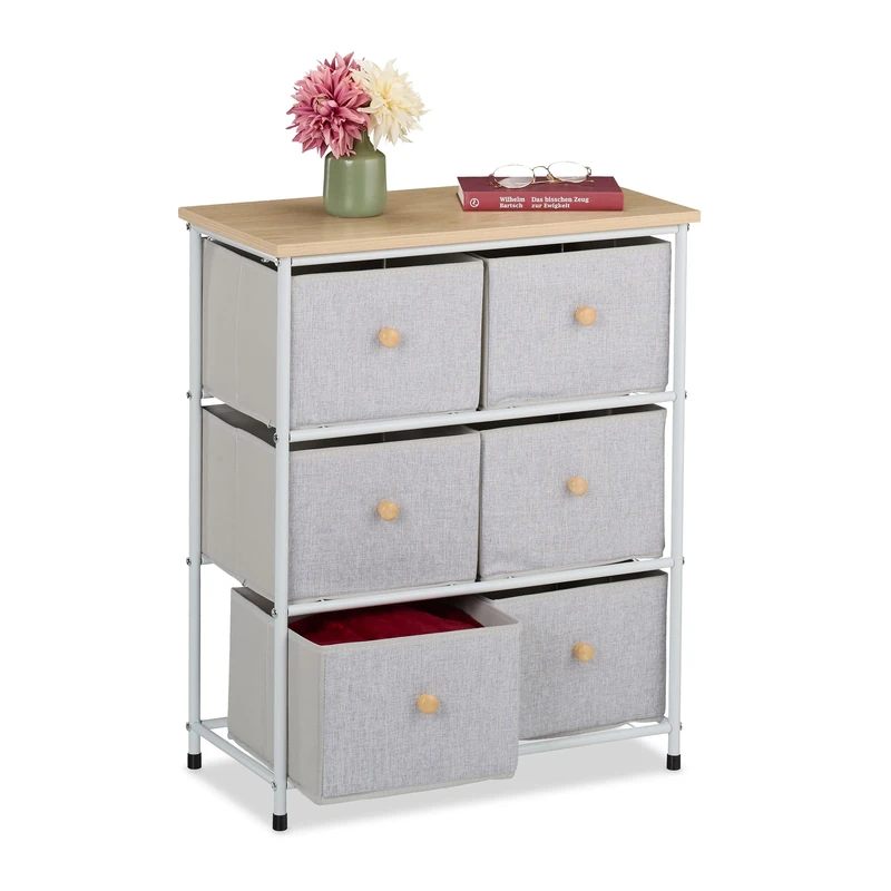 Relaxdays Chest of Drawers, 6 Fabric Compartments, Hallway & Bedroom, 73x60x32 cm, Dresser, Metal, Light Grey/Natural, 40% Polyester fibreboard 30% Steel
